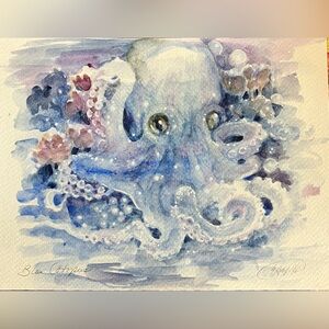 Original Blue Octopus Watercolor Painting Art Artettina ocean sea decor squid US